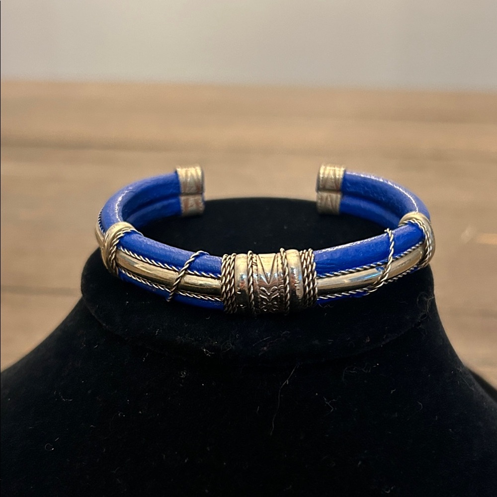 Blue leather and Silver metalwork Cuff Bracelet handcrafted GUC